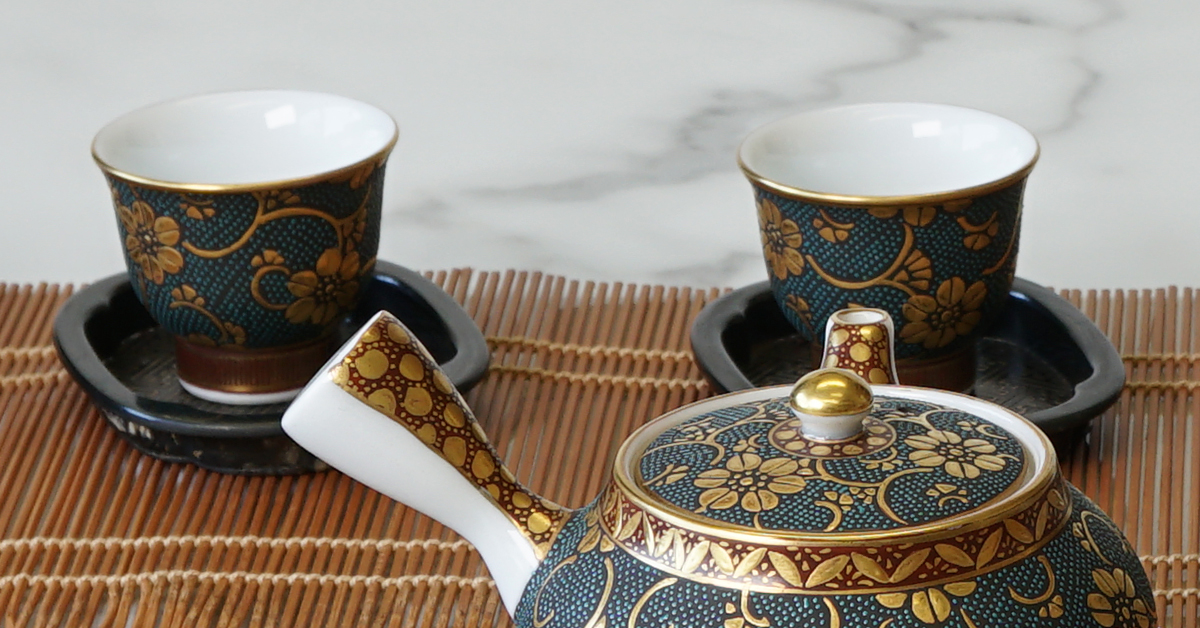 九谷燒青粒唐草紋玉露茶道具組＿ 難得一見‧ 茶道具‧ 九谷燒茶道一見